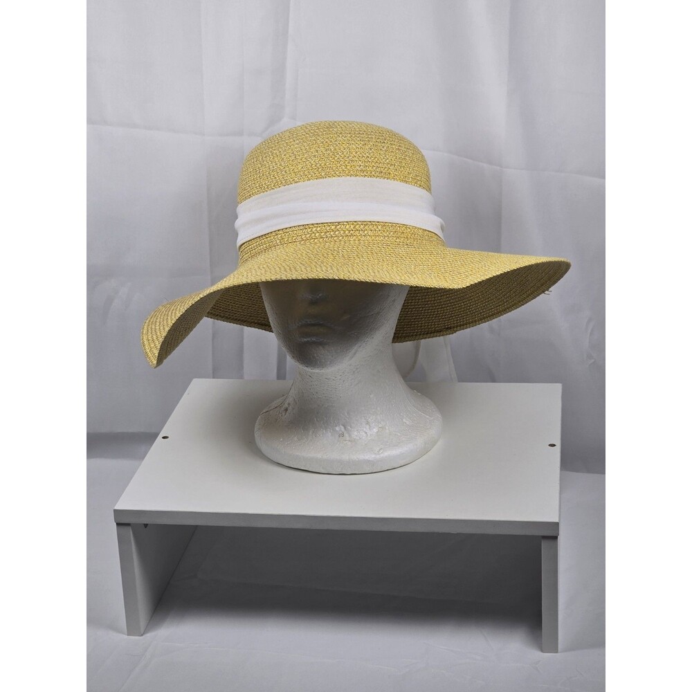 Straw Studios Women's Wide Brim Straw Sun Hat Yellow White Ribbon Beach...